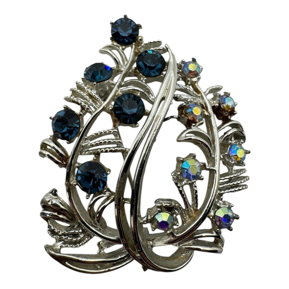 Vintage Silver-Tone Blue & Aurora‎ Borealis Rhinestone Brooch – 2”